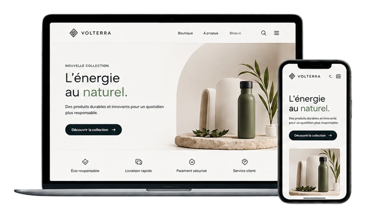 Boutique e-commerce WordPress Volterra présentée sur ordinateur et mobile