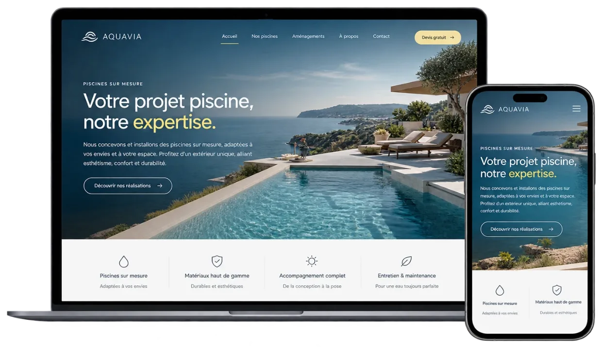 Site vitrine WordPress Aquavia présenté sur ordinateur et mobile